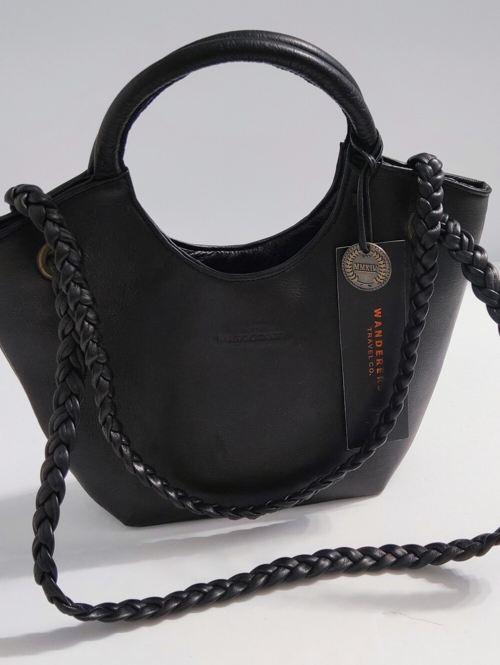 New. Wanderers Travel Co Black Leather Braided Handle Tote.